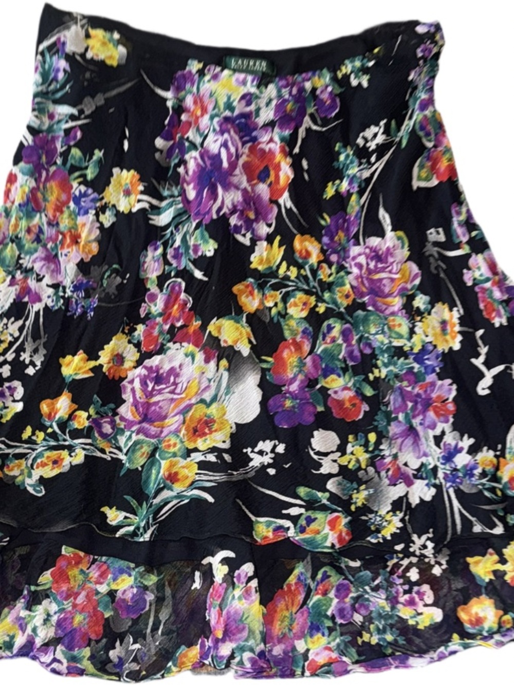 Lauren Ralph Lauren 100% Silk Black Floral Skirt w Purple, Pink & Yellow large - Picture 3 of 6